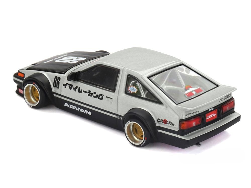 Toyota AE86 Sprinter Trueno RHD (Right Hand Drive) #86 "Kaido Street V2" Silver Metallic and Black with Carbon Hood and Graphics (Designed by Jun Imai) "Kaido House" 1/64 Die Cast Model Car by Mini GT view 3