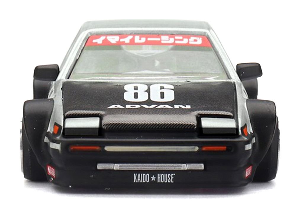 Toyota AE86 Sprinter Trueno RHD (Right Hand Drive) #86 "Kaido Street V2" Silver Metallic and Black with Carbon Hood and Graphics (Designed by Jun Imai) "Kaido House" 1/64 Die Cast Model Car by Mini GT view 4