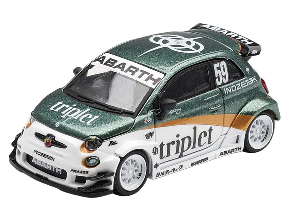 Abarth 595 LB-Works "TY Edition" #59 Green Metallic and White with Gold Stripes and Graphics Limited Edition 1/64 Die Cast Model Car by Mini GT view 2