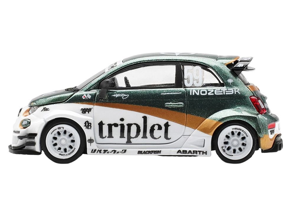 Abarth 595 LB-Works "TY Edition" #59 Green Metallic and White with Gold Stripes and Graphics Limited Edition 1/64 Die Cast Model Car by Mini GT view 3