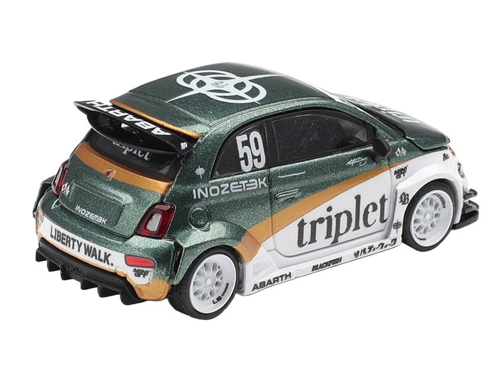 Abarth 595 LB-Works "TY Edition" #59 Green Metallic and White with Gold Stripes and Graphics Limited Edition 1/64 Die Cast Model Car by Mini GT view 4