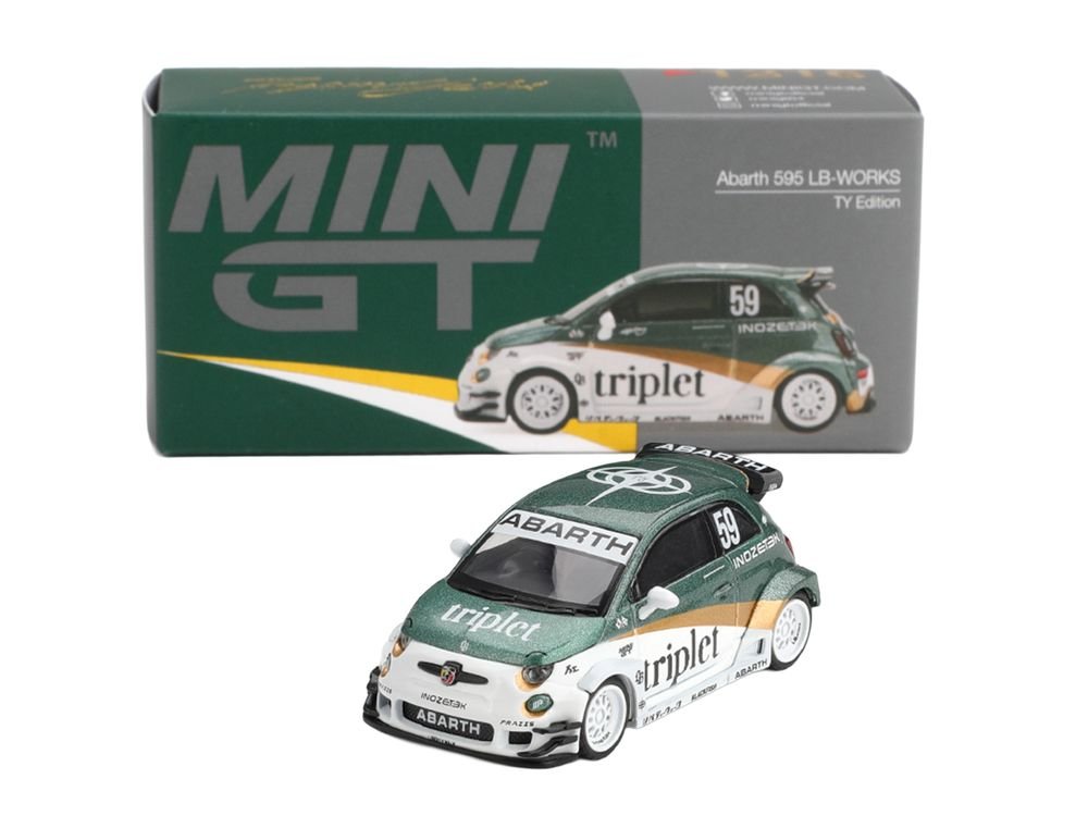 Abarth 595 LB-Works "TY Edition" #59 Green Metallic and White with Gold Stripes and Graphics Limited Edition 1/64 Die Cast Model Car by Mini GT view 5