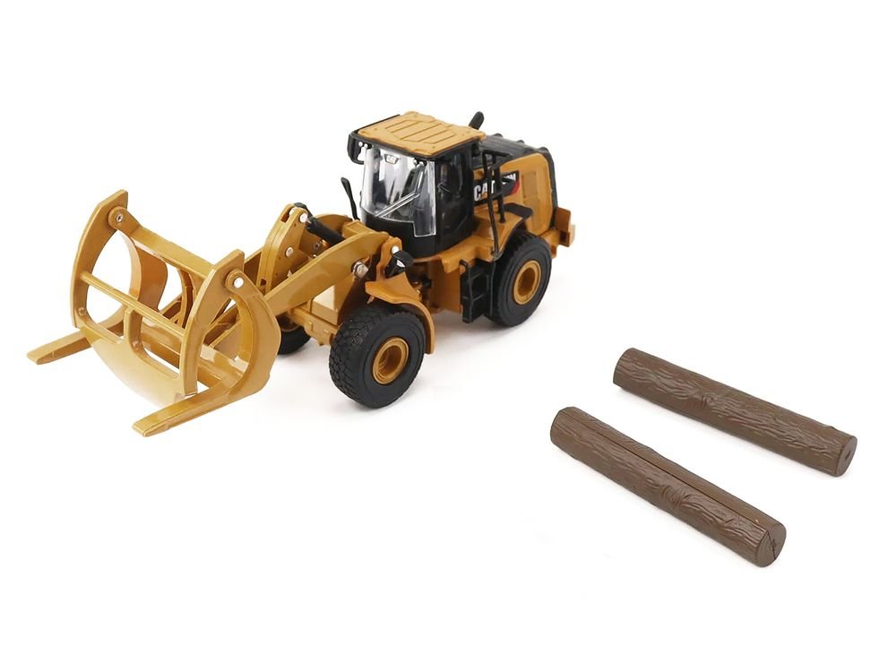 CAT Caterpillar 950M Wheel Loader Yellow with Log fork and Wood Log 1/64 Diecast Model by Diecast Master view 2