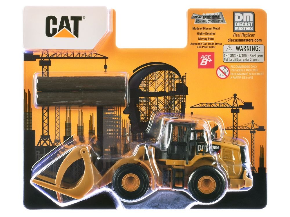 CAT Caterpillar 950M Wheel Loader Yellow with Log fork and Wood Log 1/64 Diecast Model by Diecast Master view 3