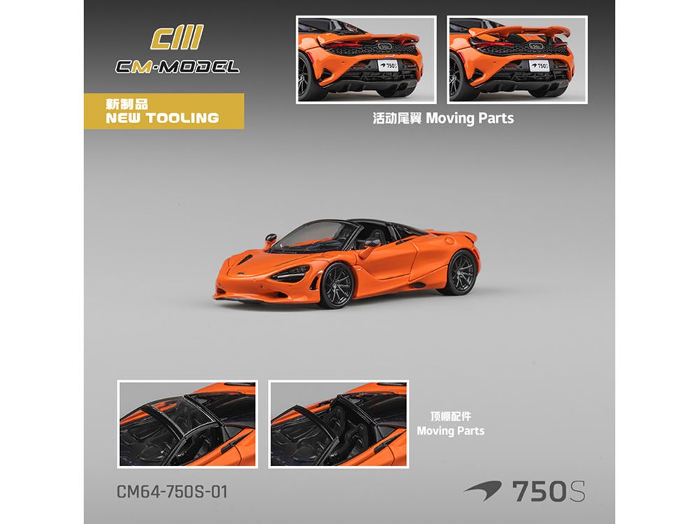 McLaren 750S Spider Orange with Black Accents 1/64 Diecast Model Car by CM Models view 3