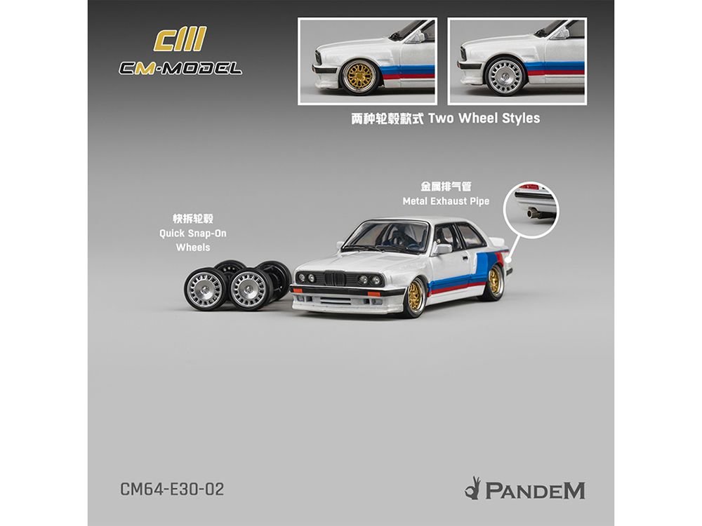 Pandem E30 V1 White with Stripes and Extra Wheels 1/64 Diecast Model Car by CM Models view 5