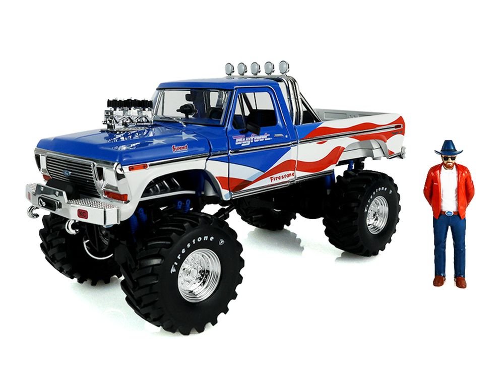 1979 Ford F-250 Monster Truck "Bigfoot USA 250 Tribute" Blue with USA Flag Graphics and Bob Chandler Standing Figure "Kings of Crunch" Series 1/18 Diecast Model Car by Greenlight view 2