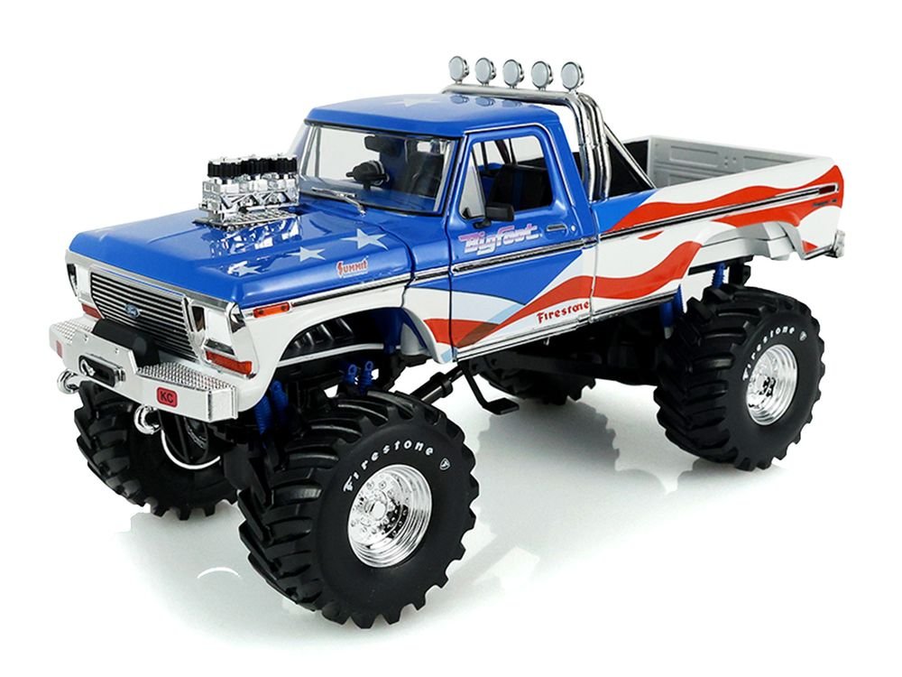 1979 Ford F-250 Monster Truck "Bigfoot USA 250 Tribute" Blue with USA Flag Graphics and Bob Chandler Standing Figure "Kings of Crunch" Series 1/18 Diecast Model Car by Greenlight view 3