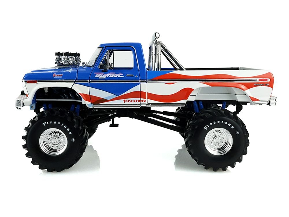 1979 Ford F-250 Monster Truck "Bigfoot USA 250 Tribute" Blue with USA Flag Graphics and Bob Chandler Standing Figure "Kings of Crunch" Series 1/18 Diecast Model Car by Greenlight view 4