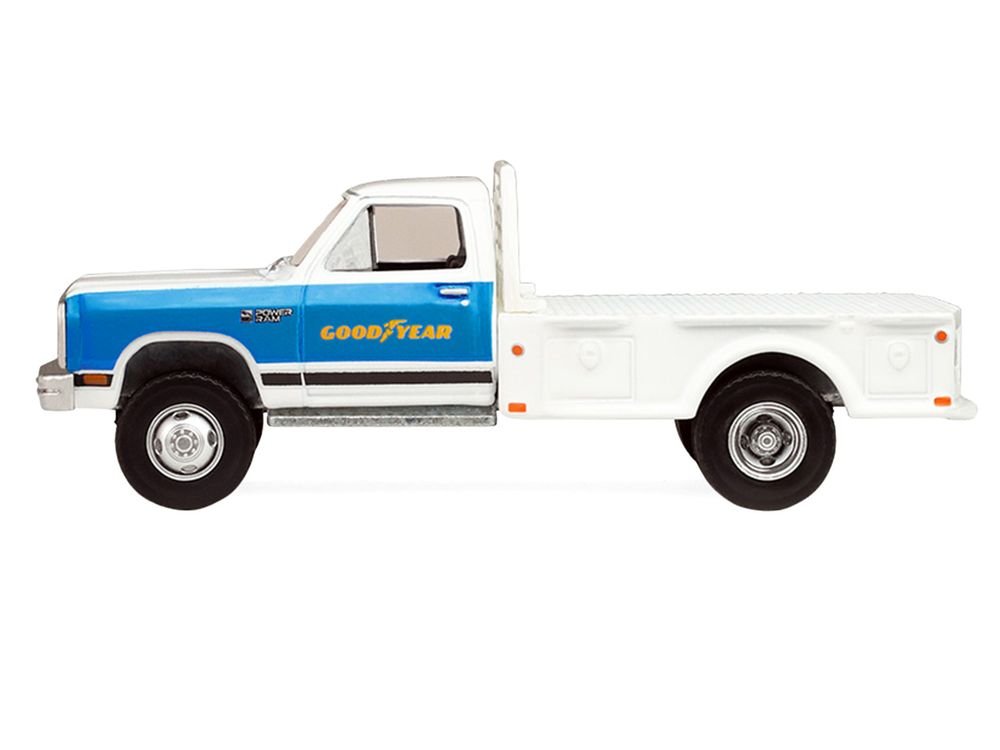 1981 Dodge Ram W350 Power Ram Dually Flatbed Truck "Goodyear" White with Blue Sides "Dually Drivers" Series 17 1/64 Diecast Model Car by Greenlight view 2