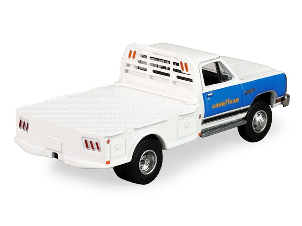 1981 Dodge Ram W350 Power Ram Dually Flatbed Truck "Goodyear" White with Blue Sides "Dually Drivers" Series 17 1/64 Diecast Model Car by Greenlight view 3