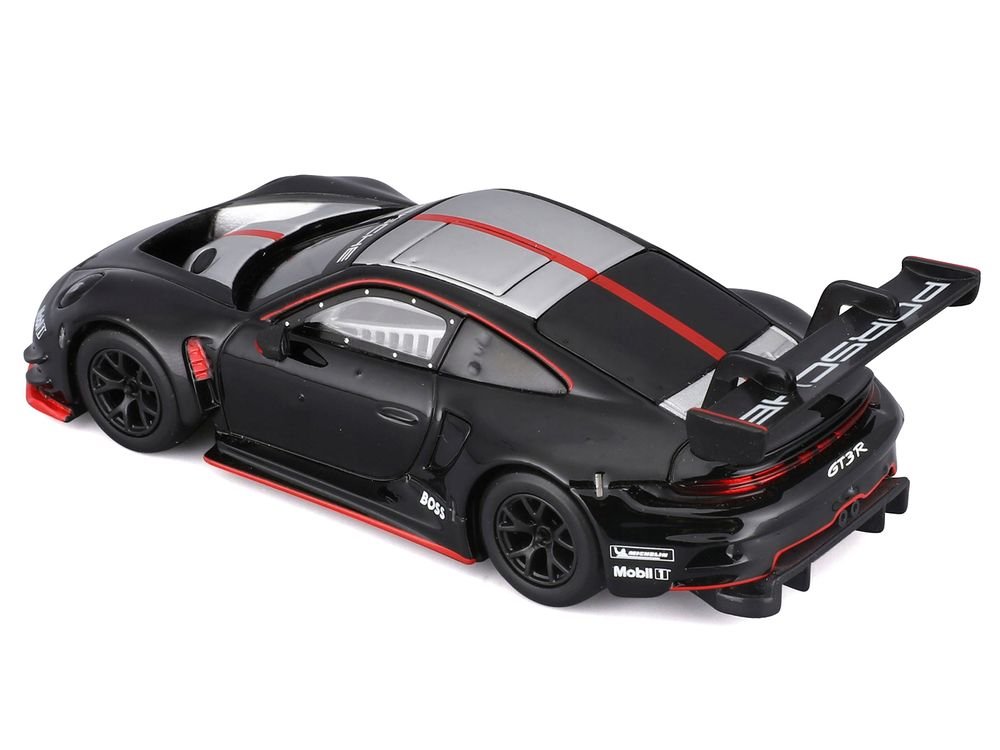 Porsche 911 GT3 R Black with Silver Top and Hood and Red Stripes "Race" Series 1/43 Diecast Model Car by Bburago view 3