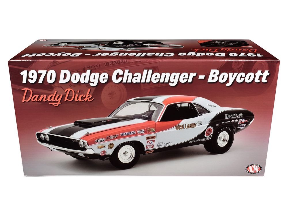 1970 Dodge Challenger "Boycott - 'Dandy' Dick Landy" White with Black and Red Stripes and Graphics Limited Edition to 500 pieces Worldwide 1/18 Diecast Model Car by ACME view 2
