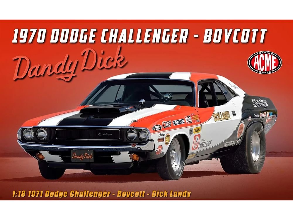 1970 Dodge Challenger "Boycott - 'Dandy' Dick Landy" White with Black and Red Stripes and Graphics Limited Edition to 500 pieces Worldwide 1/18 Diecast Model Car by ACME view 3