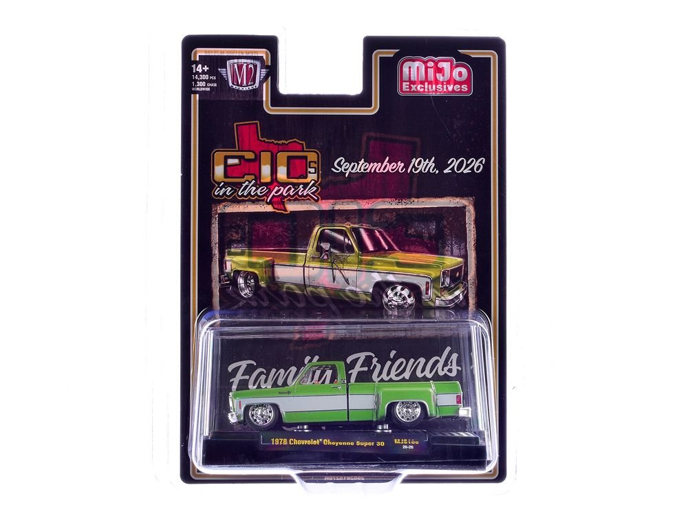 1978 Chevrolet Cheyenne Super 30 Pickup Truck Green Metallic with White Side Stripes "C10s in the Park" (2026) Limited Edition to 14300 pieces Worldwide 1/64 Diecast Model Car by M2 Machines view 3