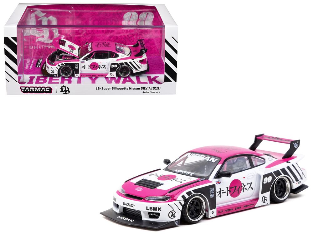 Nissan Silvia (S15) LB-Super Silhouette RHD (Right Hand Drive) #99 "Auto Finesse" White with Pink Top and Graphics "Hobby43" Series 1/43 Diecast Model Car by Tarmac Works