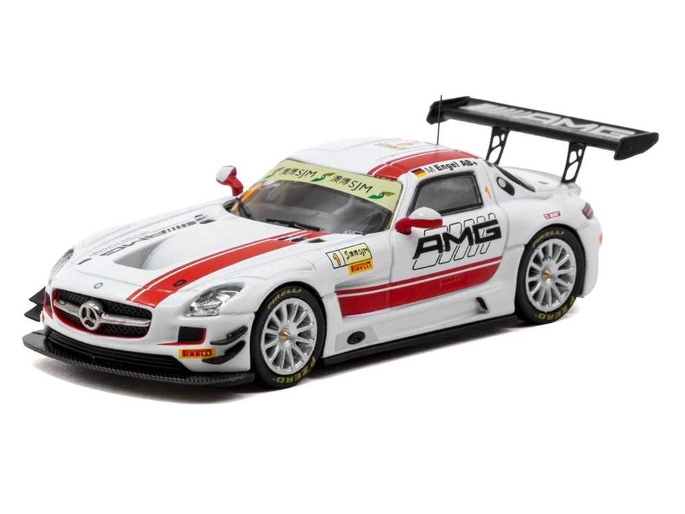 Mercedes-Benz SLS AMG GT3 #1 Maro Engel Winner "Macau GT Cup - FIA GT World Cup" (2015) with Tarmac Cards "Hobby64" Series 1/64 Diecast Model Car by Tarmac Works view 2