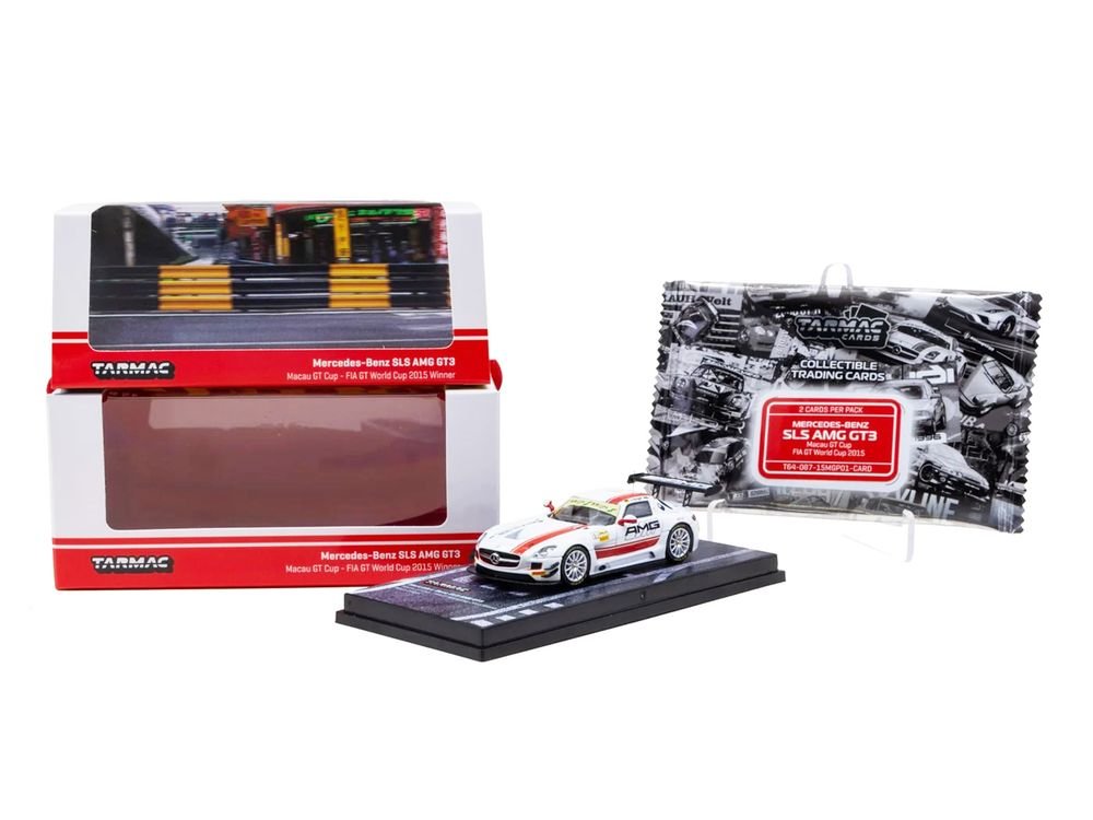 Mercedes-Benz SLS AMG GT3 #1 Maro Engel Winner "Macau GT Cup - FIA GT World Cup" (2015) with Tarmac Cards "Hobby64" Series 1/64 Diecast Model Car by Tarmac Works view 4