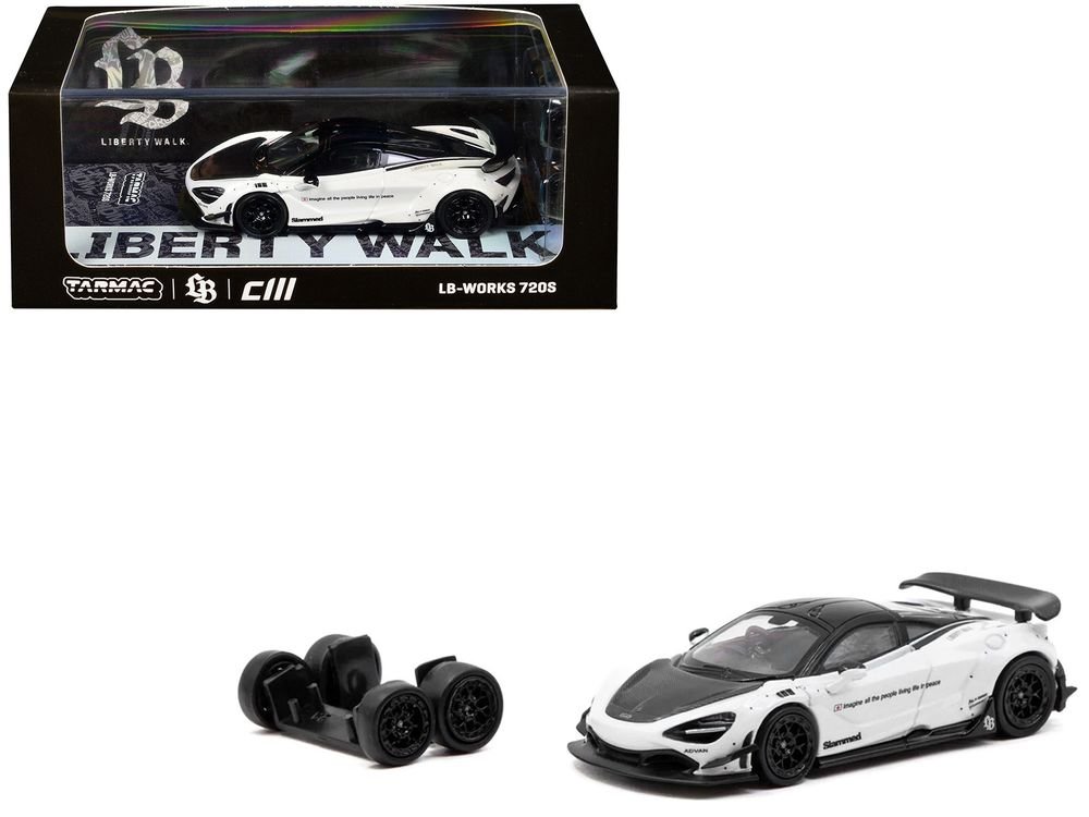 LB-Works 720S White with Carbon Hood and Black Top with Extra Wheels "Hobby64" Series 1/64 Diecast Model Car by Tarmac Works