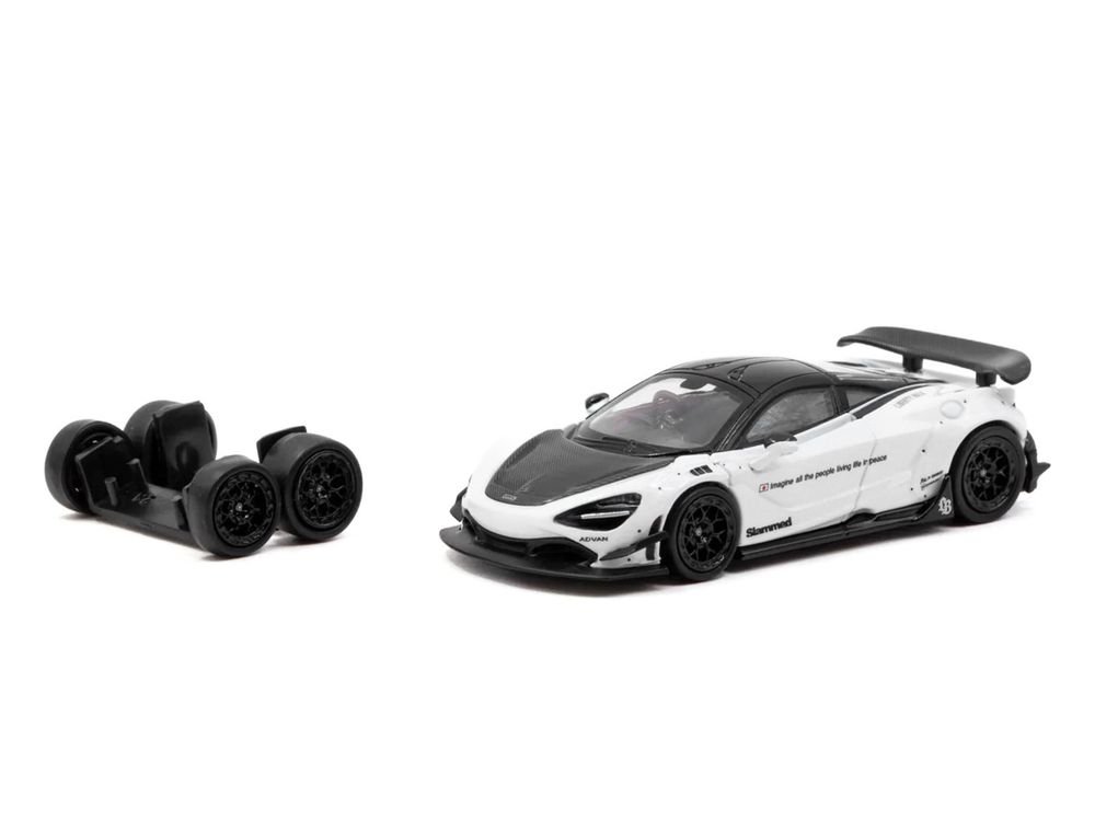 LB-Works 720S White with Carbon Hood and Black Top with Extra Wheels "Hobby64" Series 1/64 Diecast Model Car by Tarmac Works view 2