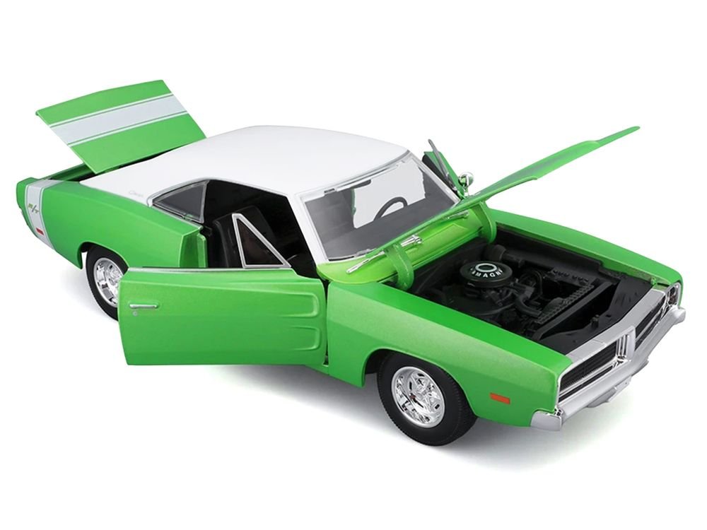 1969 Dodge Charger R/T Green Metallic with White Top and Tail Stripe "Special Edition" Series 1/18 Diecast Model Car by Maisto view 2