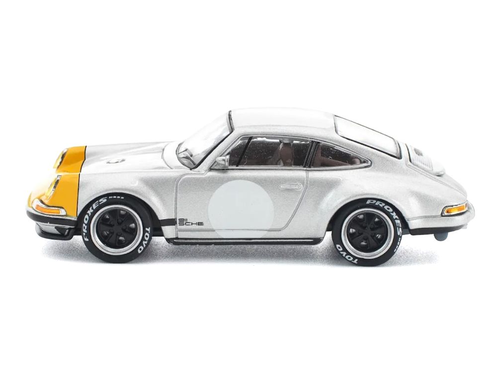 Singer 964 Silver Metallic with Yellow Front 1/64 Diecast Model Car by Pop Race view 3