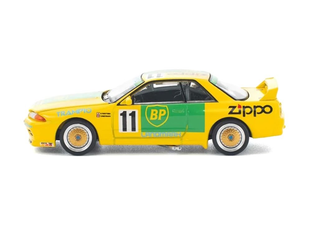Skyline GT-R R32 RHD (Right Hand Drive) #11 Yellow with Green Graphics "Group A" (1993) 1/64 Diecast Model Car by Pop Race view 2