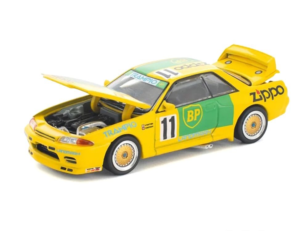 Skyline GT-R R32 RHD (Right Hand Drive) #11 Yellow with Green Graphics "Group A" (1993) 1/64 Diecast Model Car by Pop Race view 3