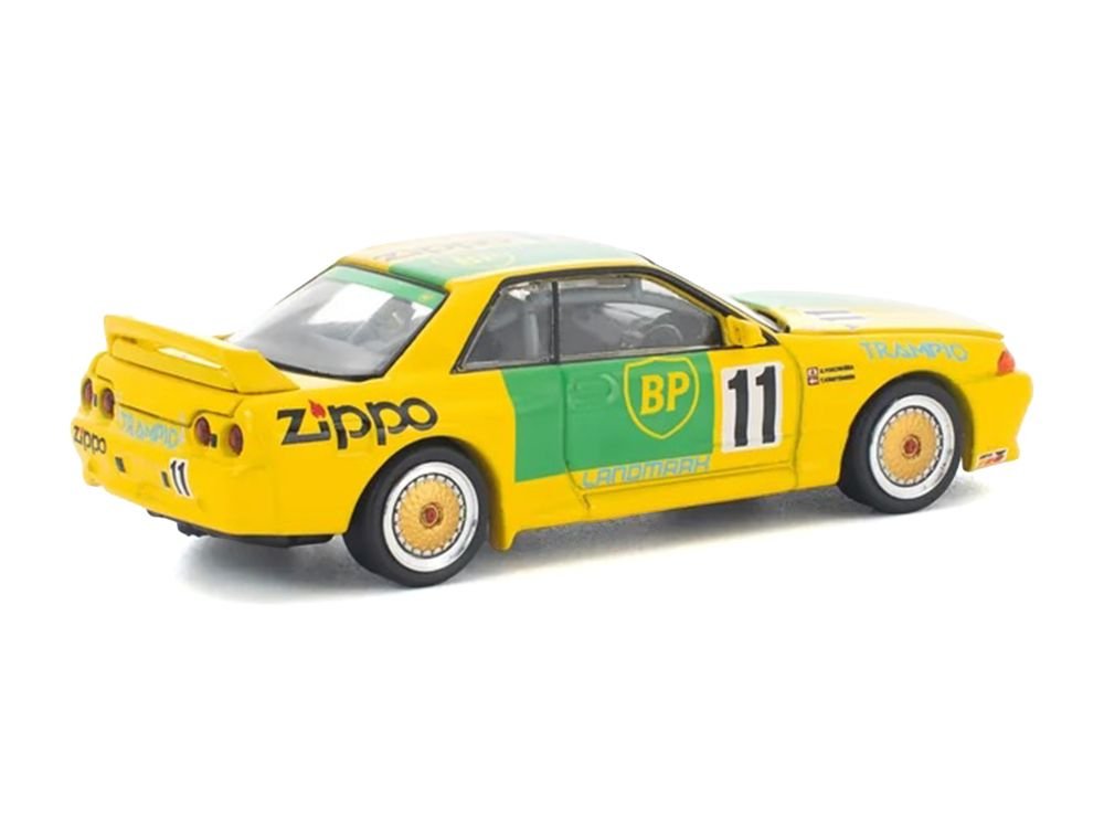 Skyline GT-R R32 RHD (Right Hand Drive) #11 Yellow with Green Graphics "Group A" (1993) 1/64 Diecast Model Car by Pop Race view 4