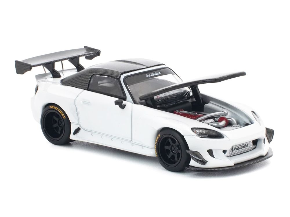 Honda Pandem S2000 RHD (Right Hand Drive) White with Carbon Hood and Top 1/64 Diecast Model Car by Pop Race view 2