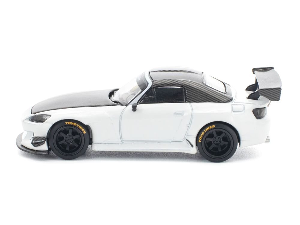 Honda Pandem S2000 RHD (Right Hand Drive) White with Carbon Hood and Top 1/64 Diecast Model Car by Pop Race view 3