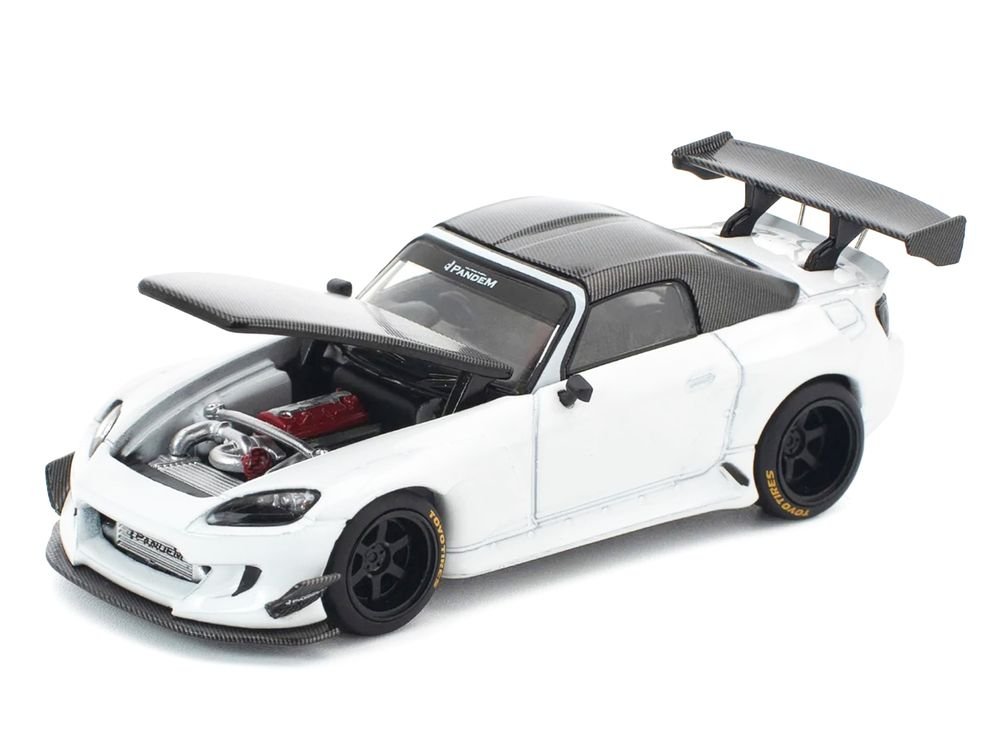 Honda Pandem S2000 RHD (Right Hand Drive) White with Carbon Hood and Top 1/64 Diecast Model Car by Pop Race view 4