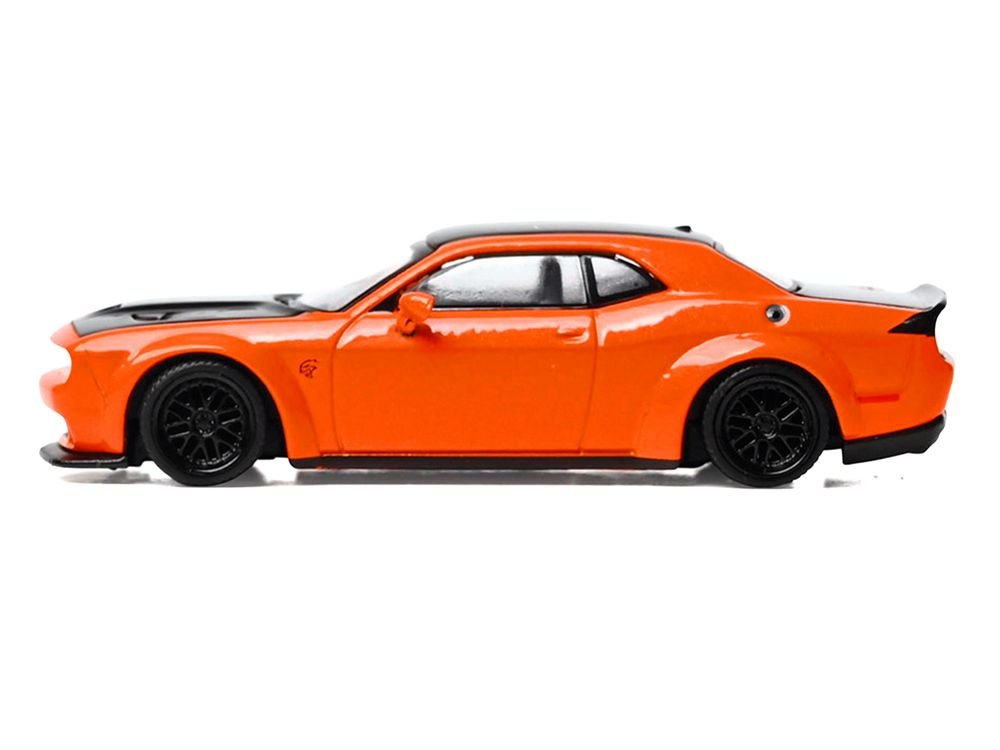 2018 Dodge Challenger SRT Hellcat Go Mango Orange with Matt Black Hood and Top 1/64 Diecast Model Car by IXO Models view 2