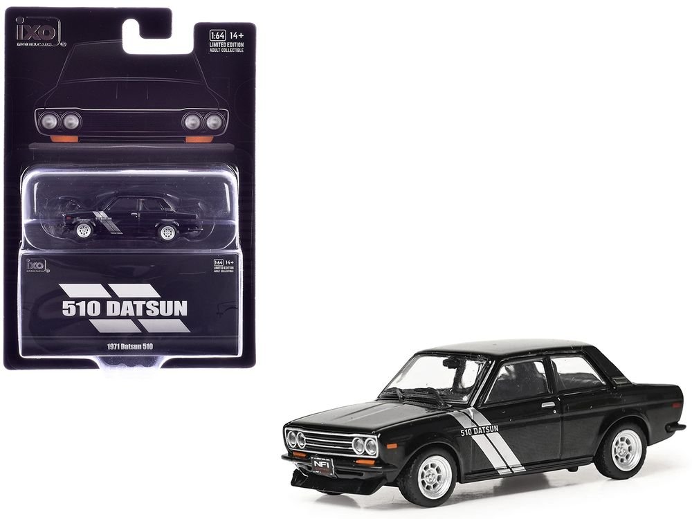 1971 Datsun 510 Black with Silver Stripes 1/64 Diecast Model Car by IXO Models