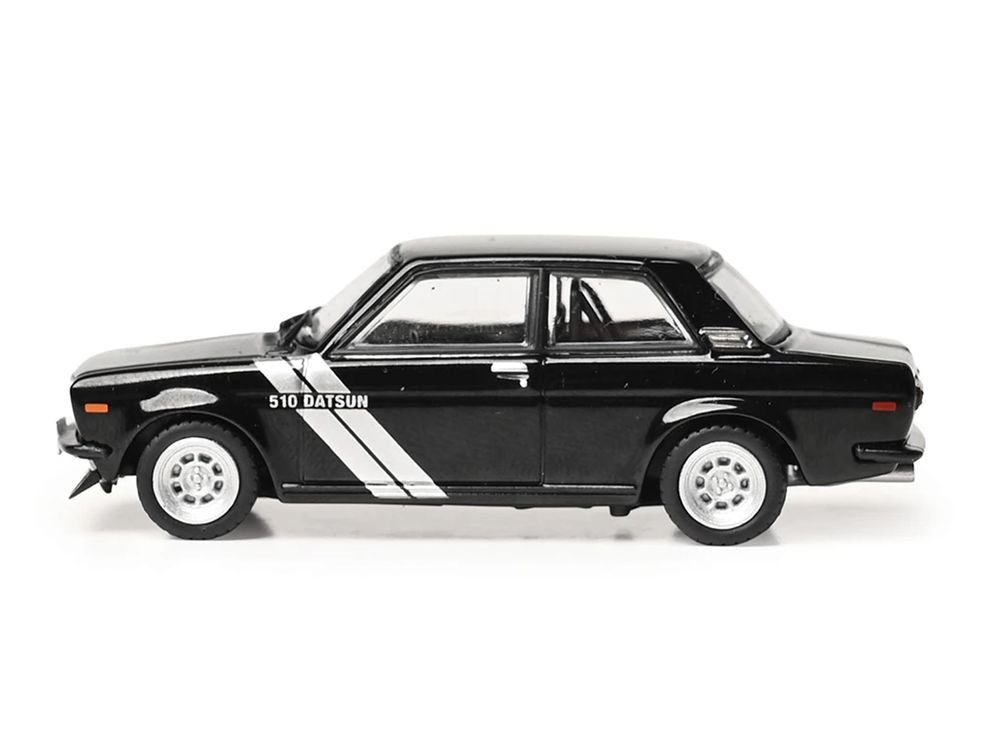 1971 Datsun 510 Black with Silver Stripes 1/64 Diecast Model Car by IXO Models view 2