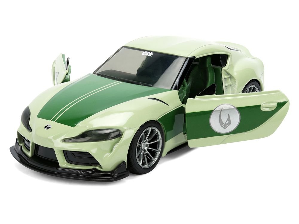 2020 Toyota GR Supra "Grogu" Livery Light Green with Green Graphics and Hood "Star Wars" Franchise "Hollywood Rides" Series 1/32 Diecast Model Car by Jada view 2