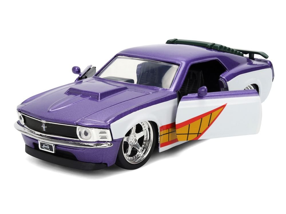 1970 Ford Mustang Boss "Joker" Livery Purple Metallic and White with Graphics "Batman" Franchise "Hollywood Rides" Series 1/32 Diecast Model Car by Jada view 2