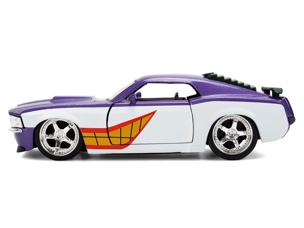 1970 Ford Mustang Boss "Joker" Livery Purple Metallic and White with Graphics "Batman" Franchise "Hollywood Rides" Series 1/32 Diecast Model Car by Jada view 3