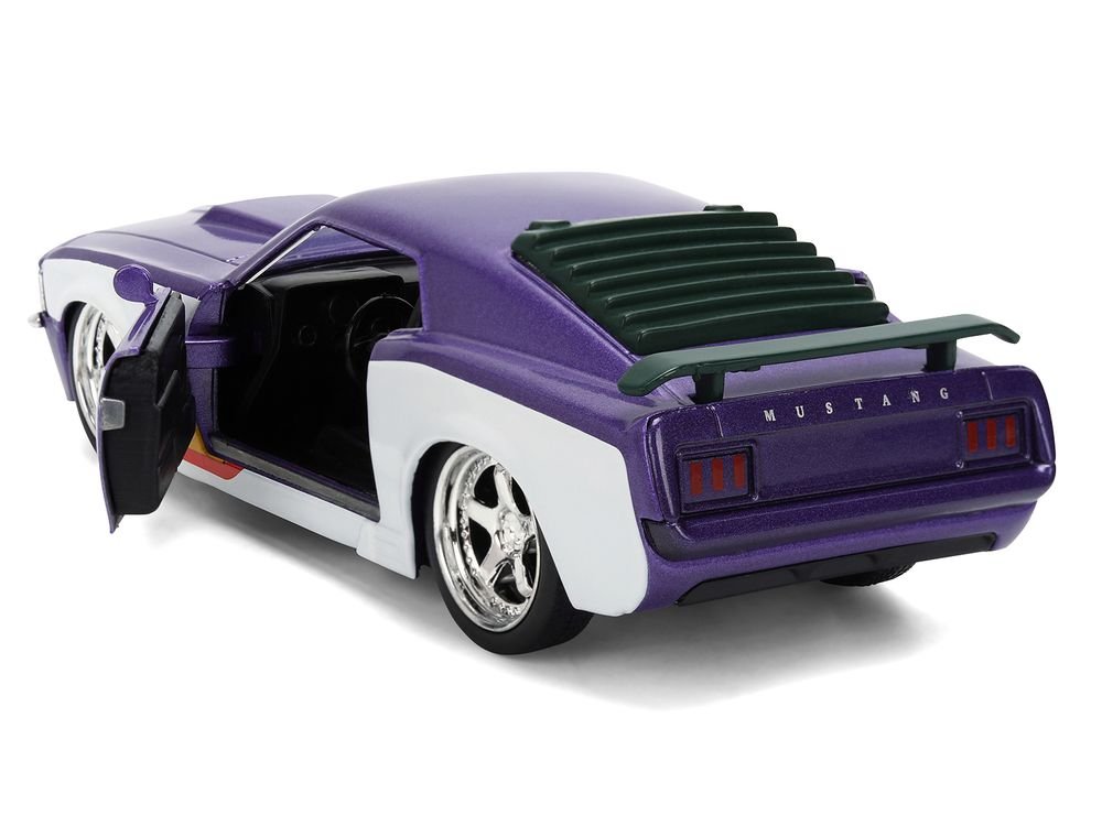 1970 Ford Mustang Boss "Joker" Livery Purple Metallic and White with Graphics "Batman" Franchise "Hollywood Rides" Series 1/32 Diecast Model Car by Jada view 4