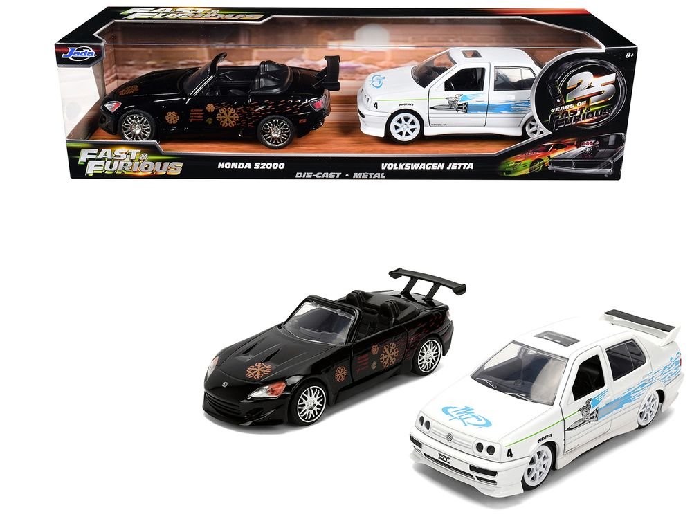 Honda S2000 Black with Graphics and Volkswagen Jetta White with Graphics Set of 2 pieces "25 Years of Fast & Furious" Series 1/32 Diecast Model Cars by Jada