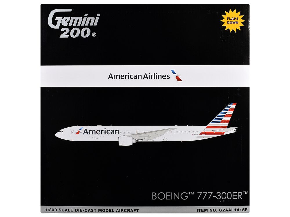 Boeing 777-300ER Commercial Aircraft with Flaps Down Configuration "American Airlines" (N722AN) Silver with Striped Tail "Gemini 200" Series  1/200 Diecast Model Airplane by GeminiJets view 3