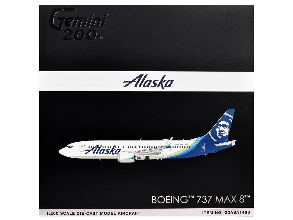 Boeing 737 MAX 8 Commercial Aircraft "Alaska Airlines" (N803AK) White with Blue Tail "Gemini 200" Series 1/200 Diecast Model Airplane by GeminiJets view 3