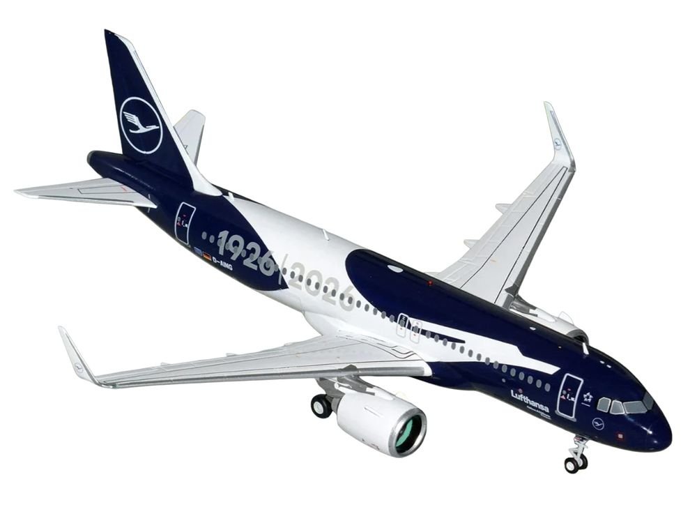 Airbus A320neo Commercial Aircraft "Lufthansa 100th Anniversary" (D-AING) White and Dark Blue "Gemini 200" Series 1/200 Diecast Model Airplane by GeminiJets view 2