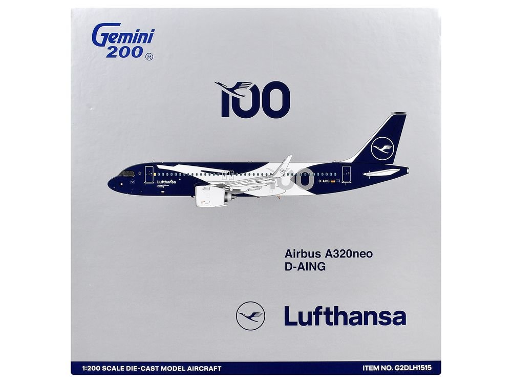 Airbus A320neo Commercial Aircraft "Lufthansa 100th Anniversary" (D-AING) White and Dark Blue "Gemini 200" Series 1/200 Diecast Model Airplane by GeminiJets view 3