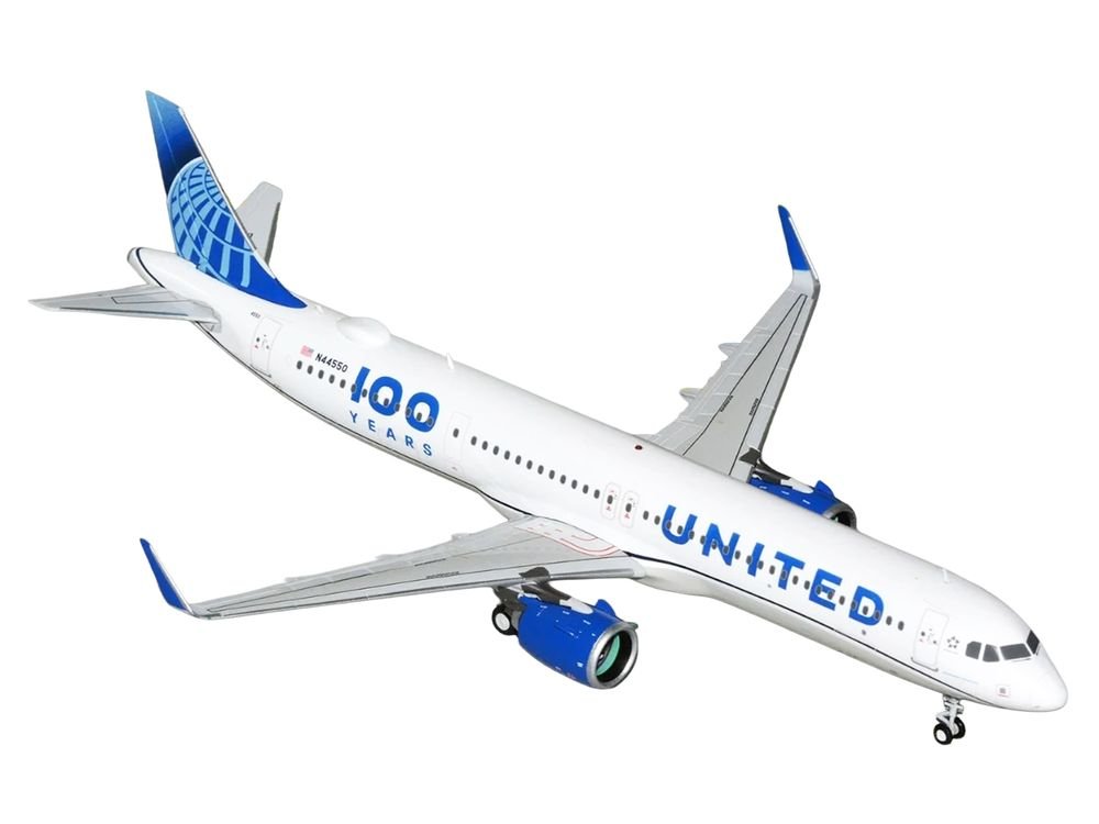 Airbus A321neo Commercial Aircraft "United Airlines 100th Anniversary" (N44550) White with Blue Tail "Gemini 200" Series 1/200 Diecast Model Airplane by GeminiJets view 2