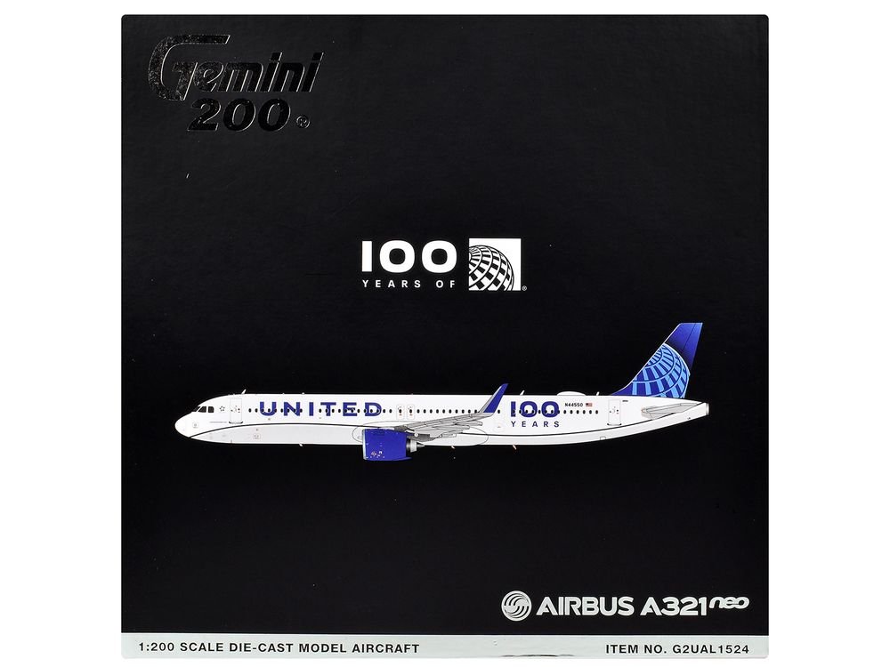 Airbus A321neo Commercial Aircraft "United Airlines 100th Anniversary" (N44550) White with Blue Tail "Gemini 200" Series 1/200 Diecast Model Airplane by GeminiJets view 3