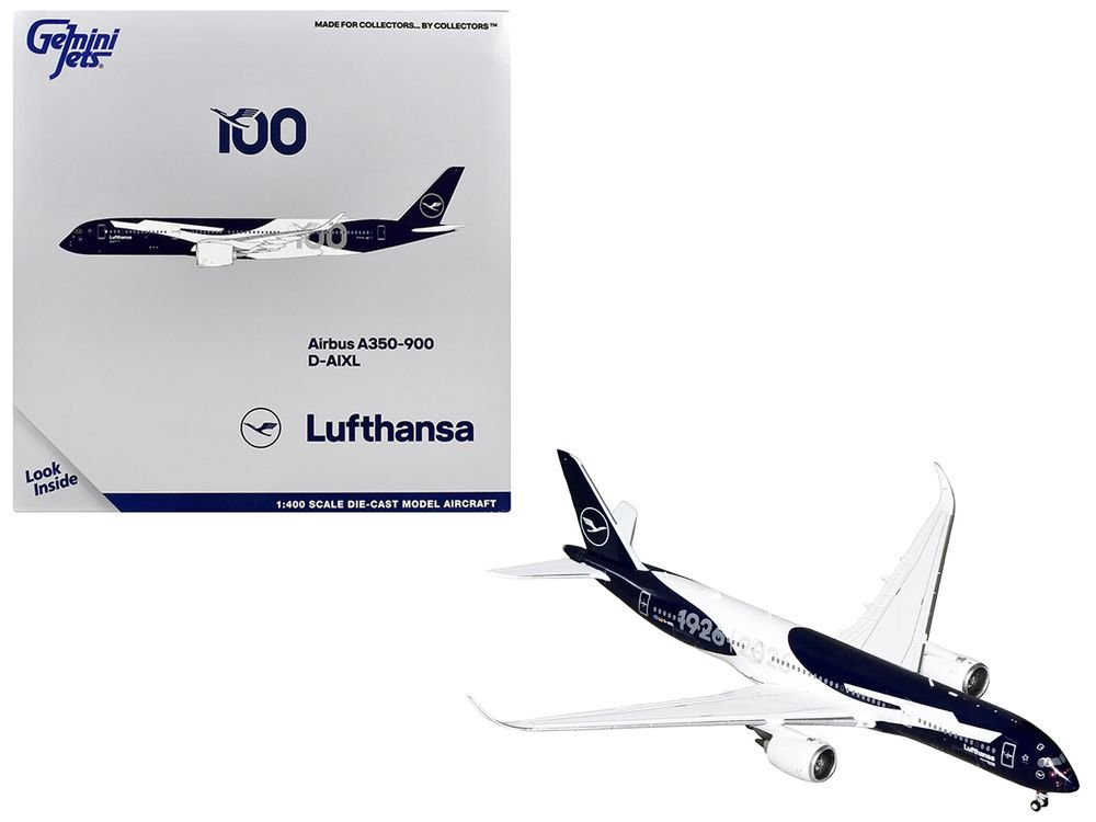 Airbus A350-900 Commercial Aircraft "Lufthansa 100th Anniversary" (D-AIXL) Dark Blue and White 1/400 Diecast Model Airplane by GeminiJets