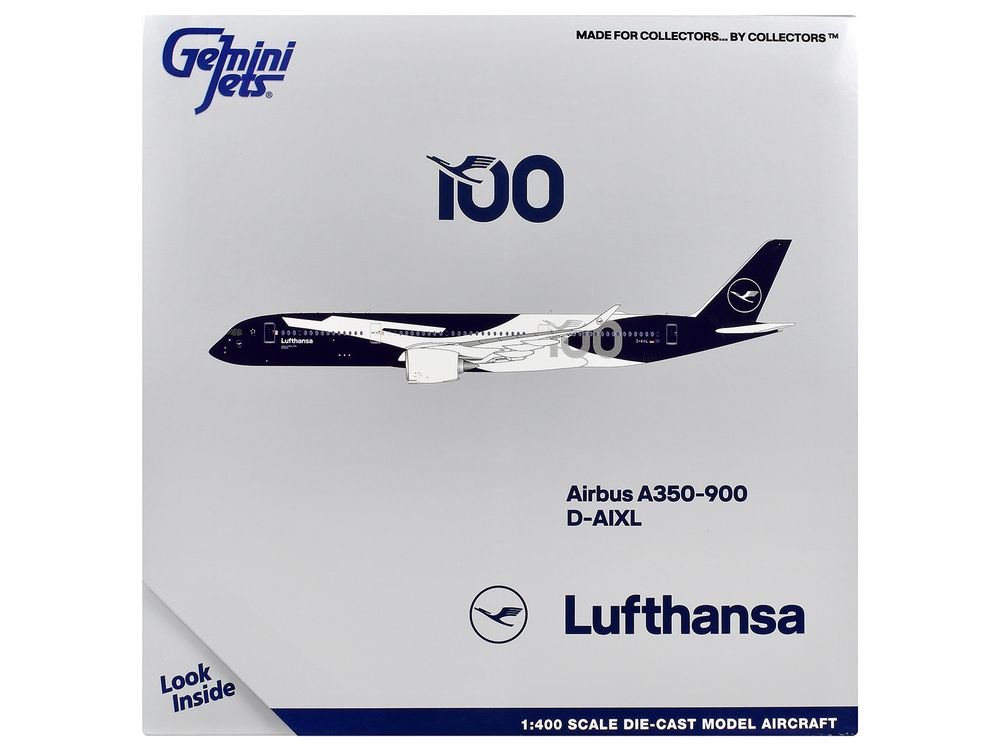 Airbus A350-900 Commercial Aircraft "Lufthansa 100th Anniversary" (D-AIXL) Dark Blue and White 1/400 Diecast Model Airplane by GeminiJets view 3