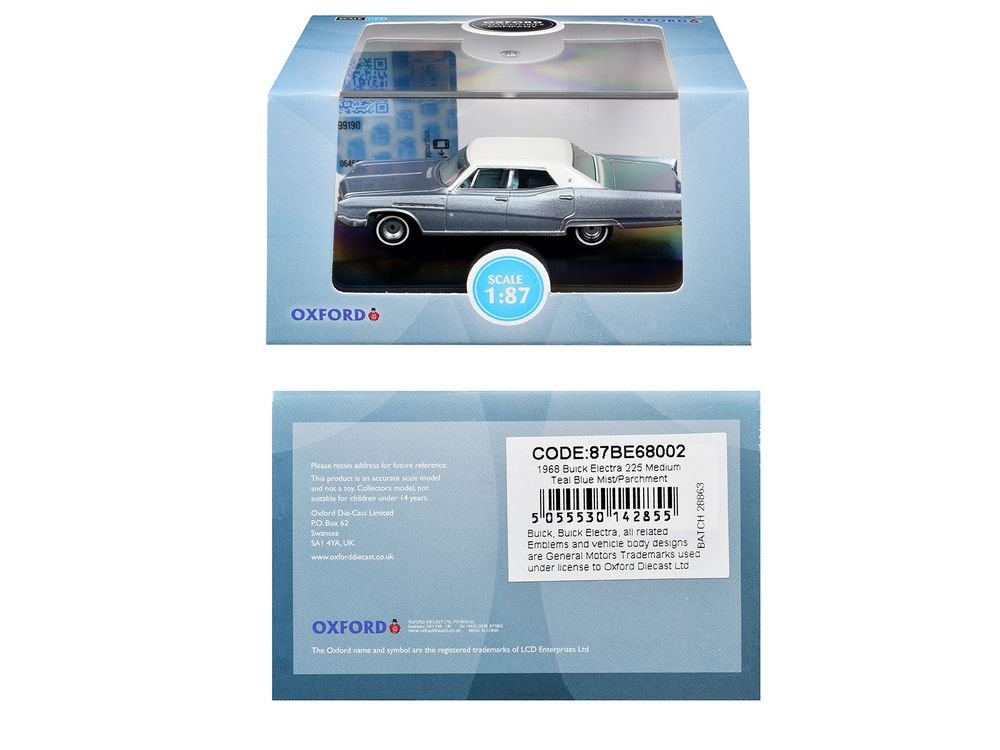 1968 Buick Electra 225 Teal Blue Mist Metallic with White Top and Blue Interior 1/87 (HO) Scale Diecast Model Car by Oxford Diecast view 3