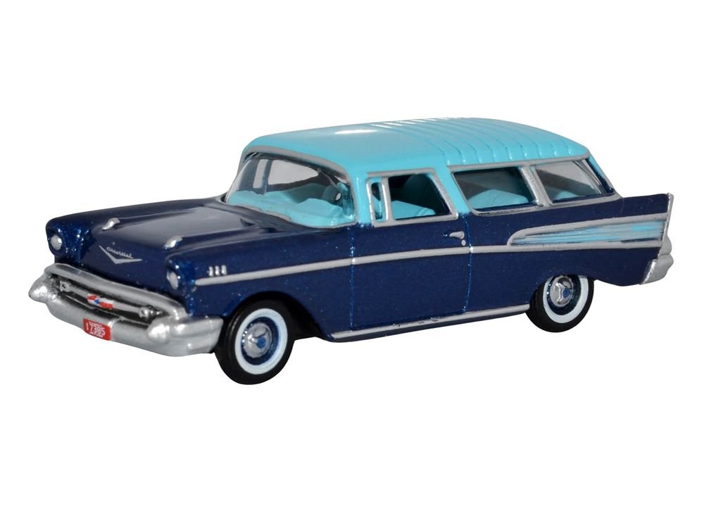 1957 Chevrolet Nomad Larkspur Blue with Harbor Blue Top 1/87 (HO) Scale Diecast Model Car by Oxford Diecast view 2